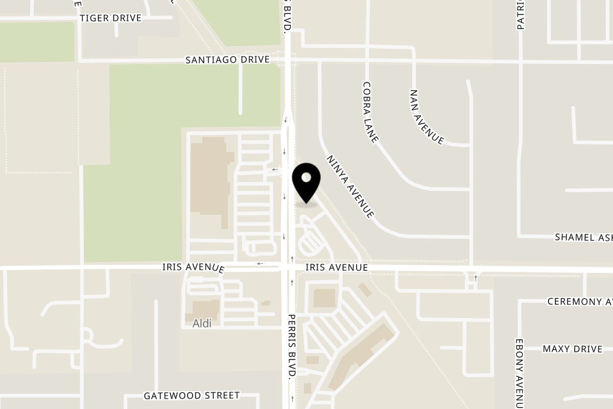 Map showing the location of Papa's India Grill on 15928 Perris Blvd Suites A&B in Moreno Valley